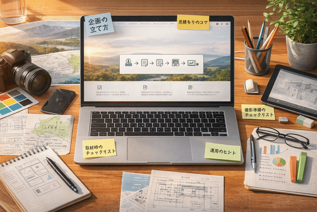 制作から運用までの流れを示すWeb画面を表示したノートPCと、企画メモ・見積り・チェックリスト・カメラ・CAD図面が並ぶ作業デスク