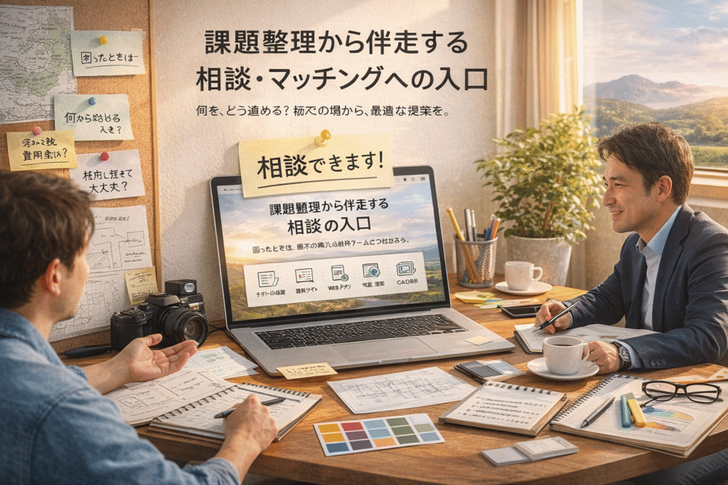 相談風景のオフィスで、ノートPCを囲みながら課題整理を進める2人と、メモ・図面・カメラなど制作領域の道具が並ぶデスク