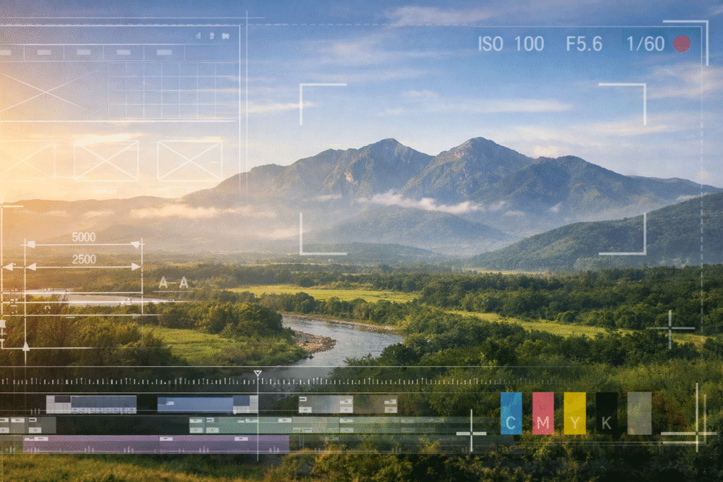 那須の朝景（山と川の風景）に、Web・DTP・動画編集・CAD・撮影設定を示すUIが重なるイメージ